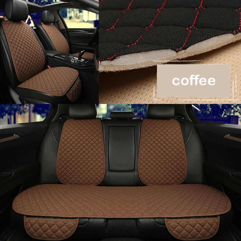 Linen car seat cover coffee variant showing front seats, fabric texture and rear bench
