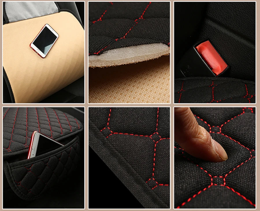 Linen car seat cover detail: side storage pockets, seatbelt opening and soft linen texture