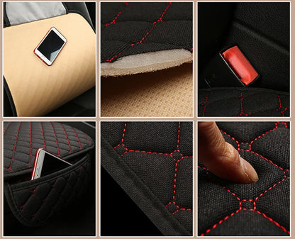 Linen car seat cover detail: side storage pockets, seatbelt opening and soft linen texture