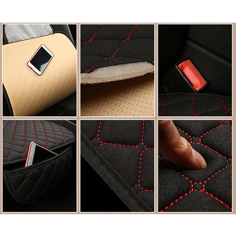 Linen car seat cover features: side phone pocket, anti-slip base, seatbelt slot and quilted padding