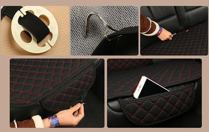 Linen car seat cover installation guide showing buckle clip, hook strap and rear seat fitting