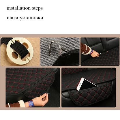 Linen car seat cover installation steps showing elastic strap, hook and rear seat pocket