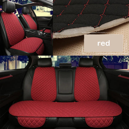 Linen car seat cover red variant showing front seats, fabric texture and rear bench