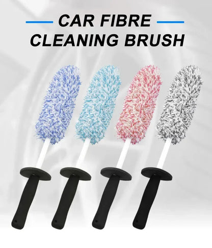 Four microfiber wheel brush color variants: blue, teal, pink and grey on light background