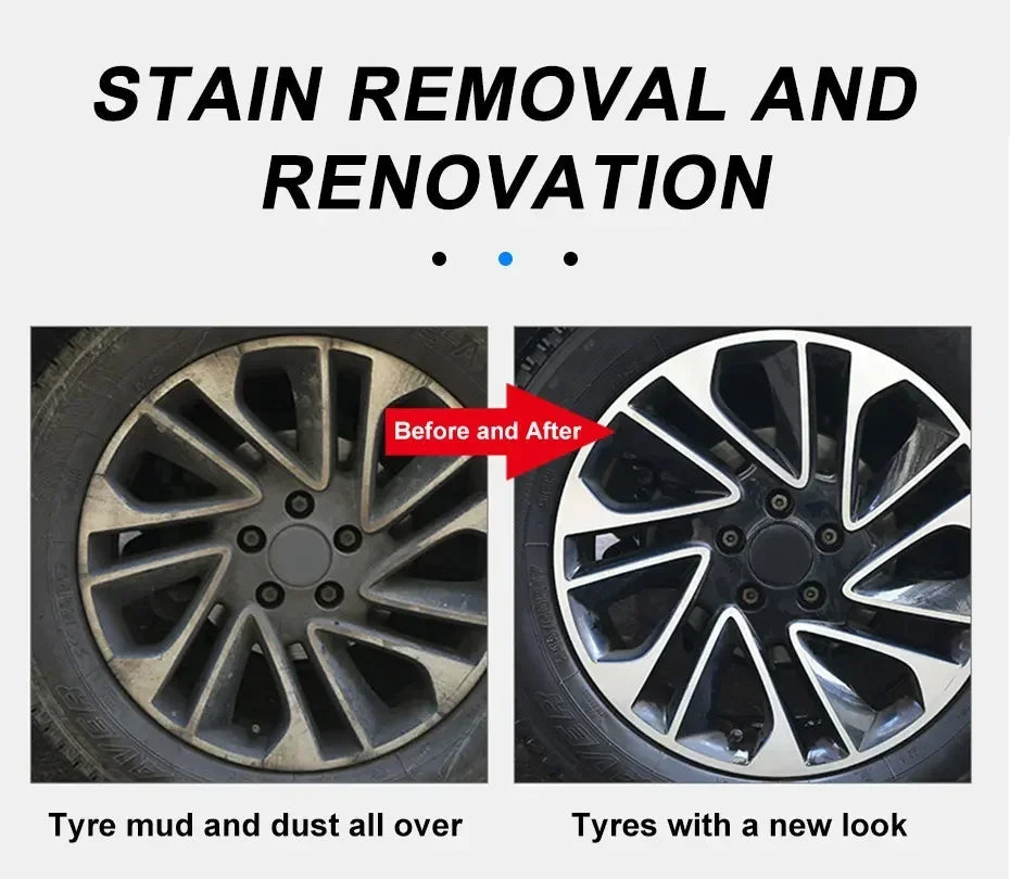 Before and after: dirty mud-caked alloy wheel vs clean shiny rim after using wheel brush