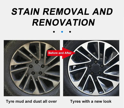 Before and after: dirty mud-caked alloy wheel vs clean shiny rim after using wheel brush