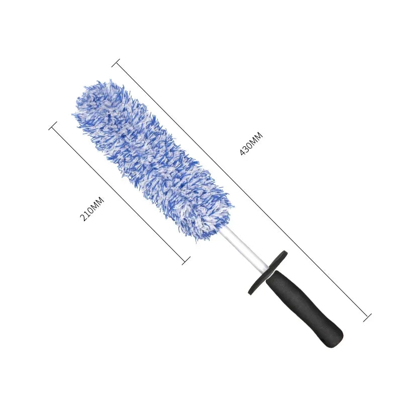Blue microfiber wheel brush dimensions: 210mm head length, 430mm total length on white background