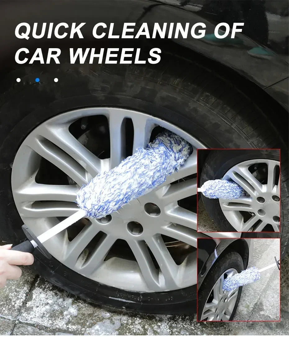 Microfiber wheel brush reaching between spokes — three-shot sequence of quick rim cleaning