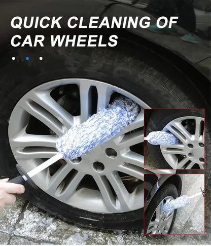 Microfiber wheel brush reaching between spokes — three-shot sequence of quick rim cleaning