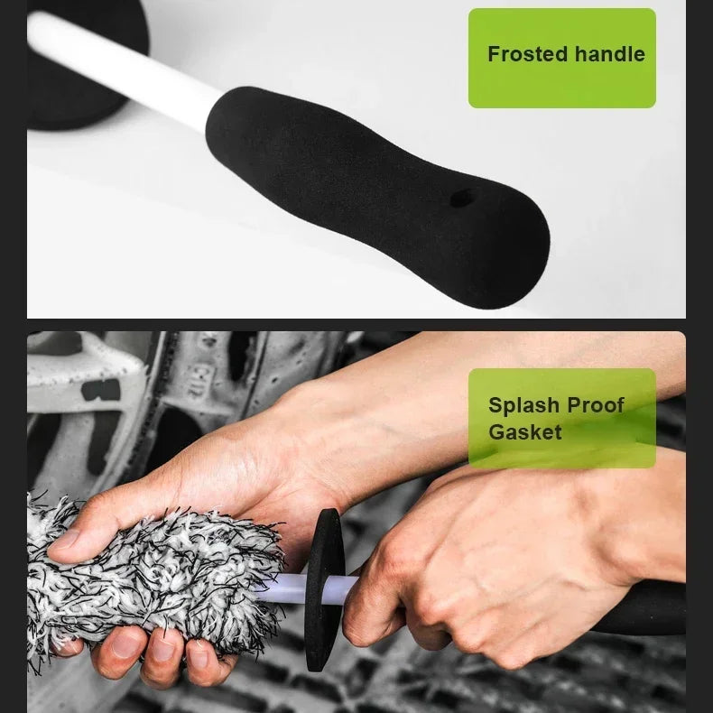 Wheel brush feature callout: frosted EVA handle (top) and splash-proof gasket in use on wheel (bottom)
