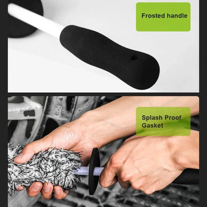 Wheel brush feature callout: frosted EVA handle (top) and splash-proof gasket in use on wheel (bottom)