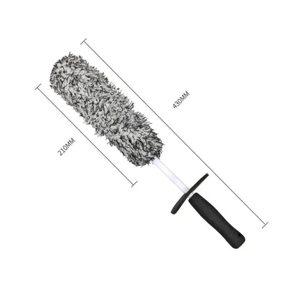 Grey microfiber wheel brush dimensions: 210mm head length, 430mm total length on white background