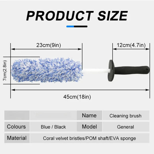 Wheel brush size diagram: 23cm head, 12cm handle, 45cm total — coral velvet and EVA sponge materials