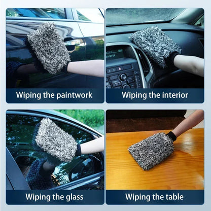 Wash mitt 4-use collage: wiping car paintwork, interior dashboard, glass, and table surface