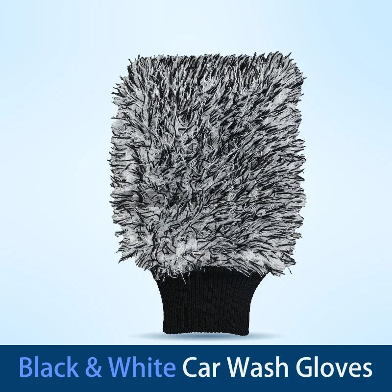 Black and white microfiber car wash mitt with black knitted cuff on blue background