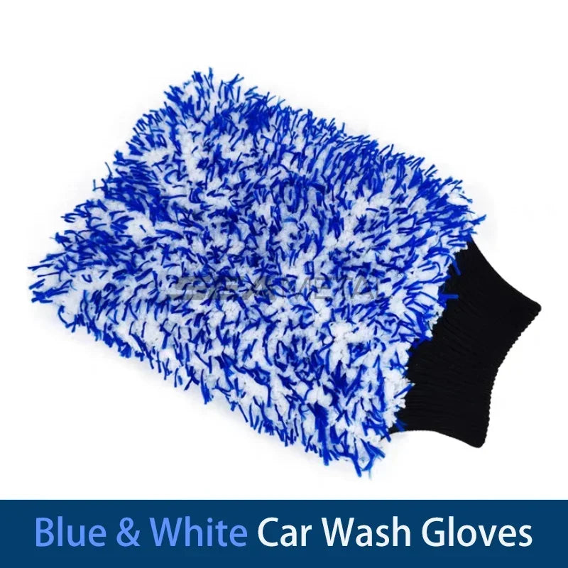 Blue and white microfiber car wash mitt with black knitted cuff on white background