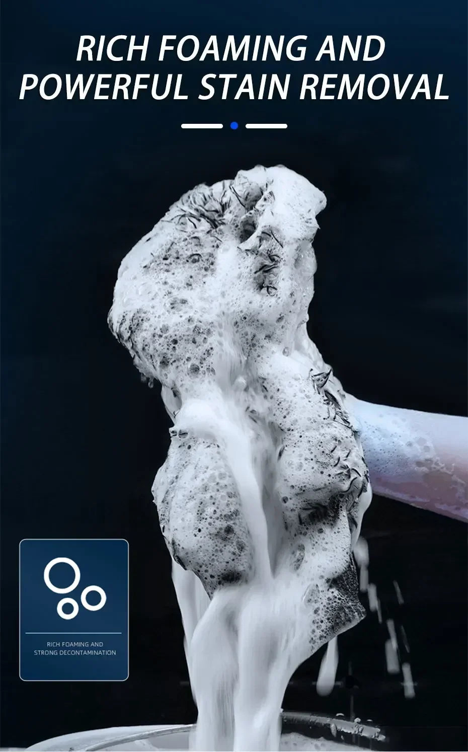 Wash mitt saturated with rich soap suds and foam showing strong stain removal capability