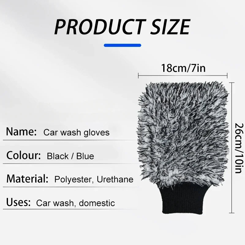 Car wash mitt size diagram: 18cm wide, 26cm tall — polyester and urethane, black and blue colors