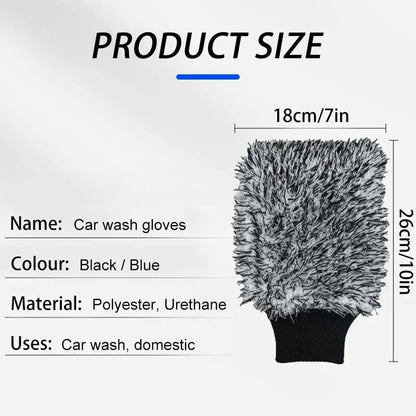 Car wash mitt size diagram: 18cm wide, 26cm tall — polyester and urethane, black and blue colors
