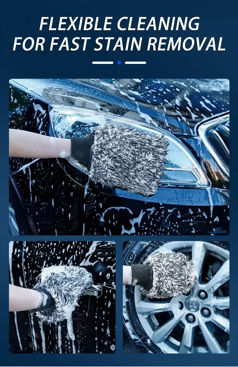 Wash mitt washing soapy car headlight and alloy rim — flexible cleaning for fast stain removal