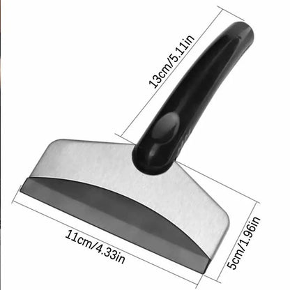 Mini stainless steel ice scraper product photo with dimensions – 13 cm handle, 11 cm wide blade, 5 cm blade height, black ergonomic TPR grip on white background