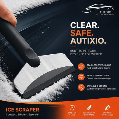 Hand using Autixio mini stainless steel ice scraper to clear snow off a car windshield – rust-proof blade, wide scraping edge, safe for glass, comfort grip handle