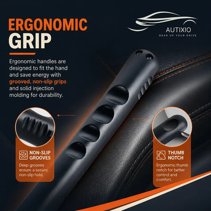 Mini stainless steel ice scraper ergonomic grip close-up – non-slip grooves for secure hold and ergonomic thumb notch for better control and comfort