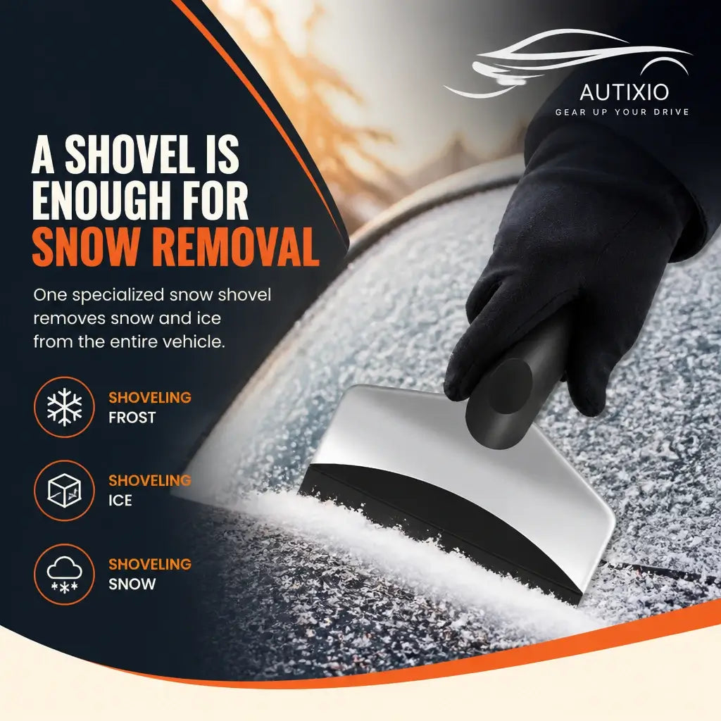 Gloved hand using mini stainless steel ice scraper to shovel frost, ice, and snow off a frosted car surface – one compact tool clears the entire vehicle