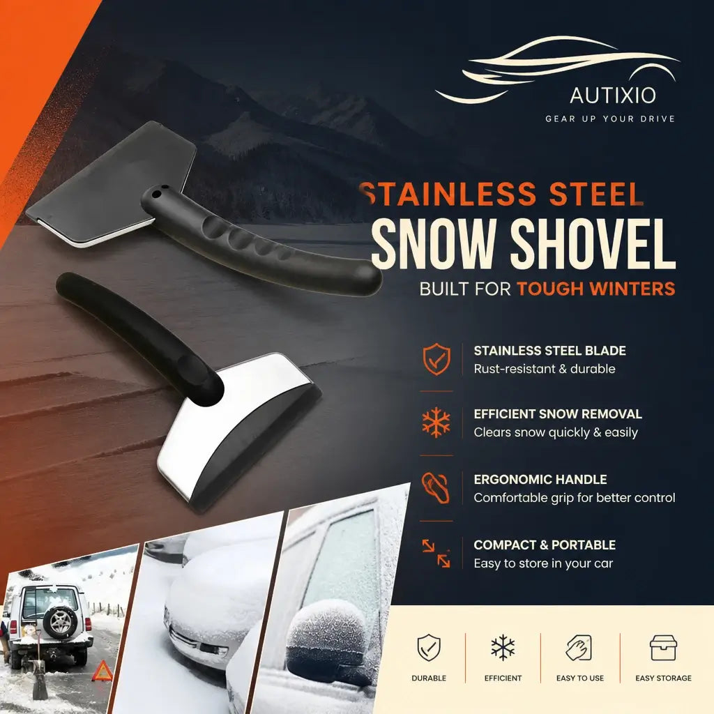 Autixio mini stainless steel snow shovel and ice scraper – rust-resistant blade, efficient snow removal, ergonomic handle, compact and portable for easy car storage