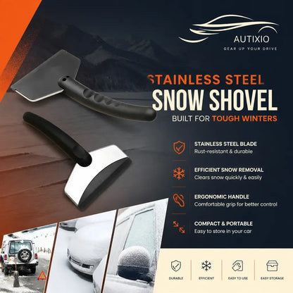 Autixio mini stainless steel snow shovel and ice scraper – rust-resistant blade, efficient snow removal, ergonomic handle, compact and portable for easy car storage