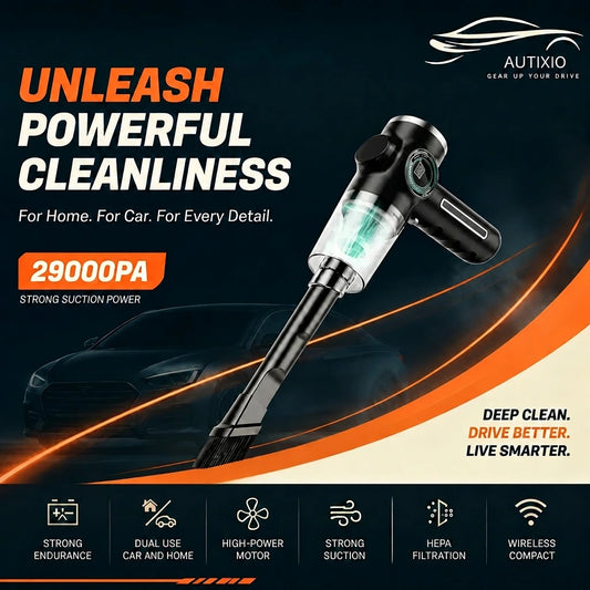 Handheld vacuum cleaner with 29000Pa suction power, 30-min battery life, and LCD battery display