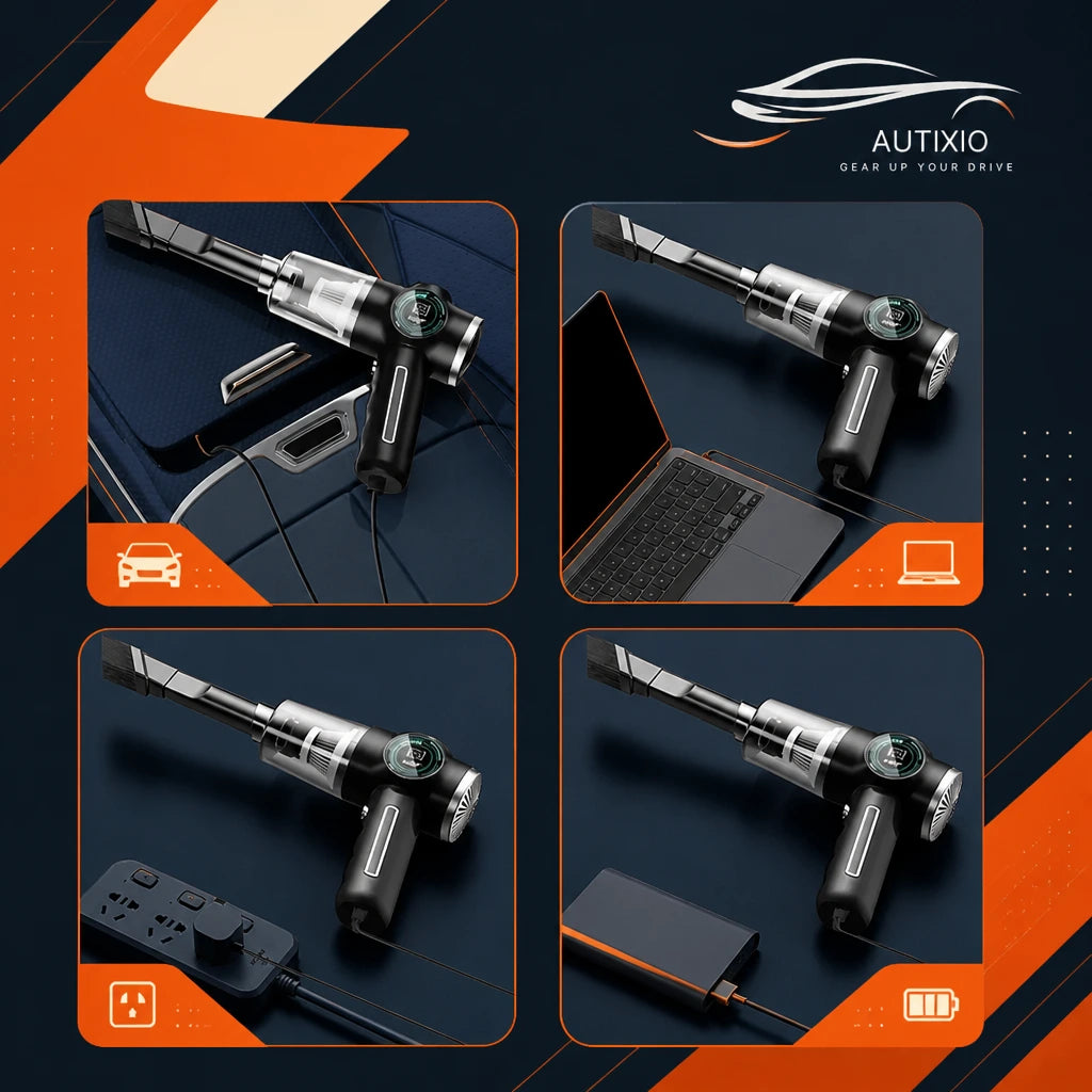Cordless car vacuum with dual-use scenarios showing car interior cleaning, home use, power control display, and battery charging