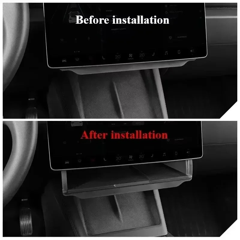 Before installation showing empty space and after installation with organizer storing multiple items