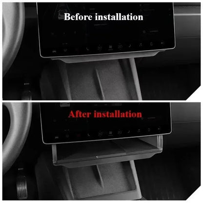 Before installation showing empty space and after installation with organizer storing multiple items
