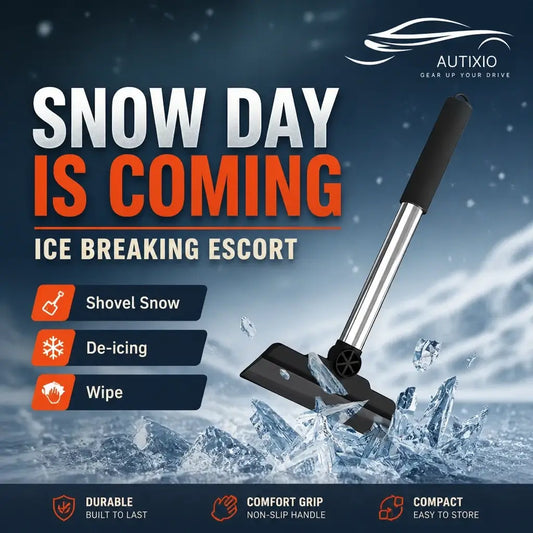 Pivoting head ice scraper breaking through ice – shovel snow, de-icing, and wipe functions – durable, non-slip comfort grip handle, compact and easy to store
