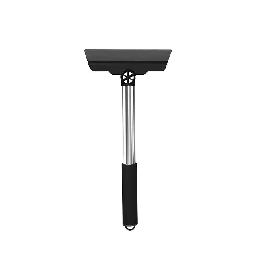 Pivoting head car ice scraper in black – stainless steel handle, black foam grip, wide black ABS pivoting scraper head with wrist lanyard