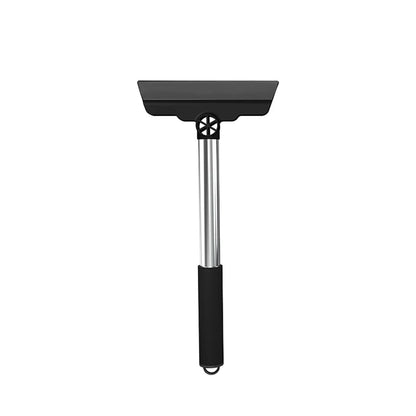 Pivoting head car ice scraper in black – stainless steel handle, black foam grip, wide black ABS pivoting scraper head with wrist lanyard
