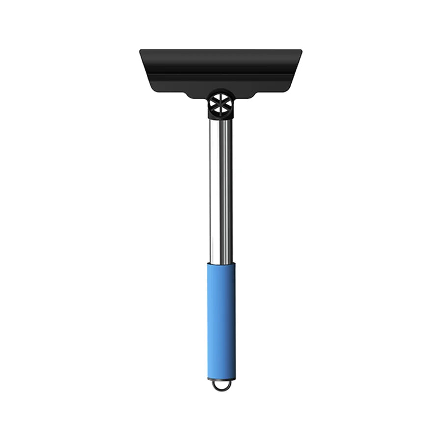 Pivoting head car ice scraper in blue – stainless steel handle, blue foam grip, wide black ABS pivoting scraper head with wrist lanyard