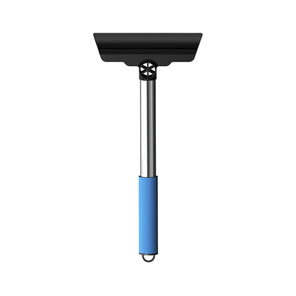 Pivoting head car ice scraper in blue – stainless steel handle, blue foam grip, wide black ABS pivoting scraper head with wrist lanyard