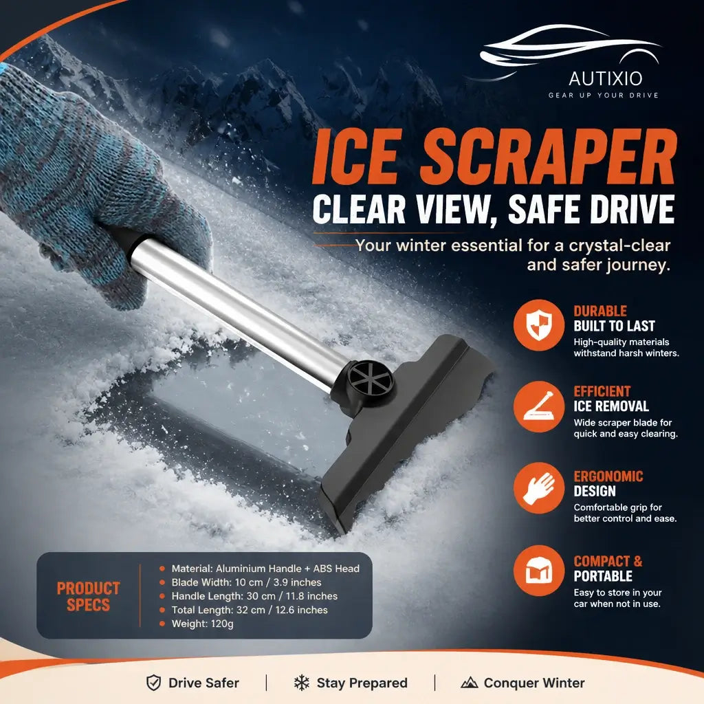 Autixio pivoting head car ice scraper with stainless steel handle – durable ABS head, 10 cm wide blade, 32 cm total length, ergonomic grip, compact and portable
