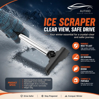 Autixio pivoting head car ice scraper with stainless steel handle – durable ABS head, 10 cm wide blade, 32 cm total length, ergonomic grip, compact and portable