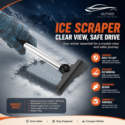 Autixio pivoting head car ice scraper with stainless steel handle – durable ABS head, 10 cm wide blade, 32 cm total length, ergonomic grip, compact and portable