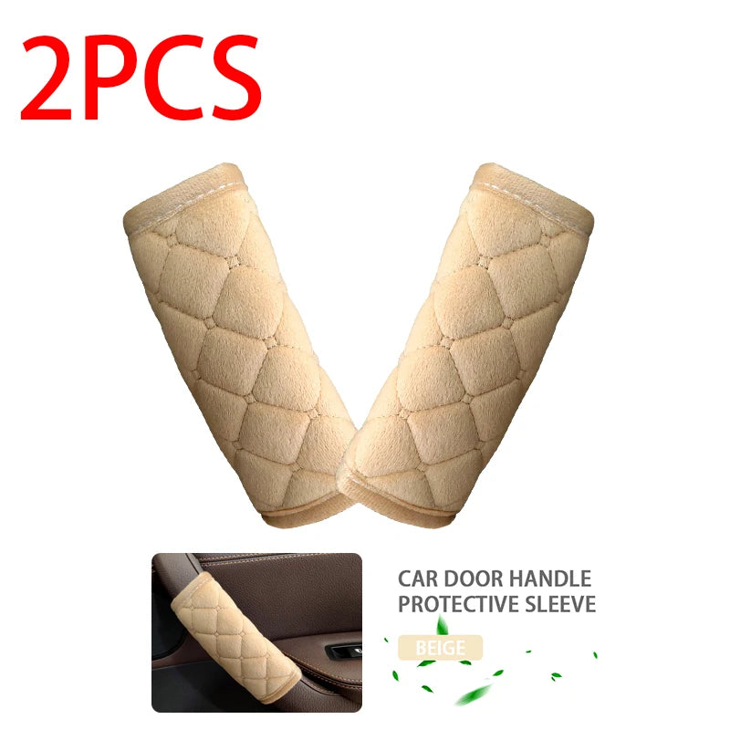 Two beige quilted plush car door handle protective sleeves 2PCS set on white background