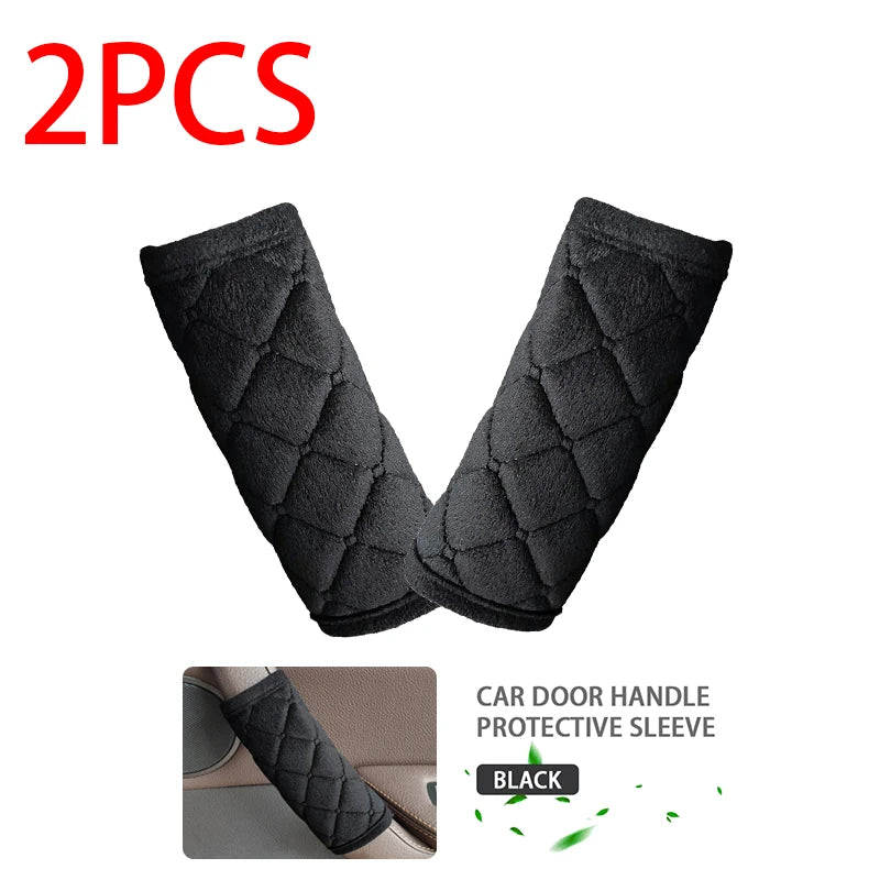 Two black quilted plush car door handle protective sleeves 2PCS set on white background