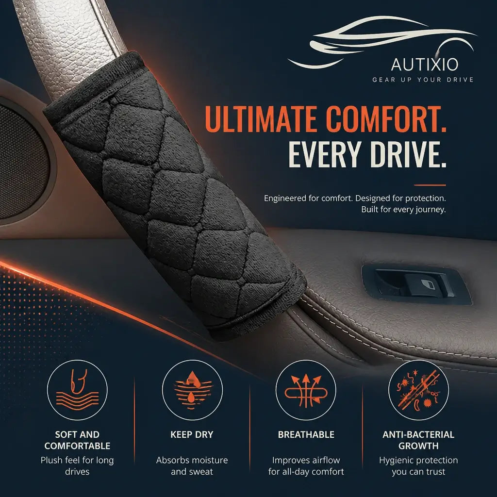 Black plush car door handle cover infographic highlighting soft comfortable fabric, moisture absorption, breathable airflow, and anti-bacterial hygienic protection