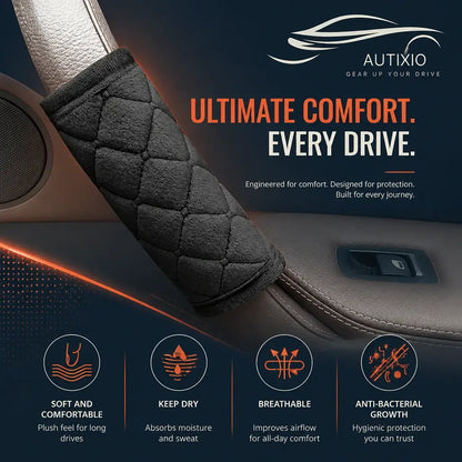 Black plush car door handle cover infographic highlighting soft comfortable fabric, moisture absorption, breathable airflow, and anti-bacterial hygienic protection