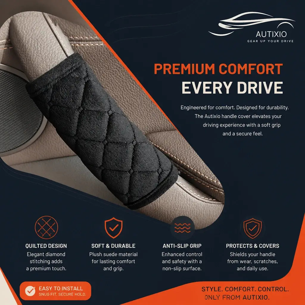 Black quilted plush car door handle cover on beige leather interior highlighting soft durable suede, anti-slip grip, and scratch protection features