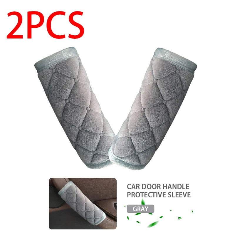 Two gray quilted plush car door handle protective sleeves 2PCS set on white background