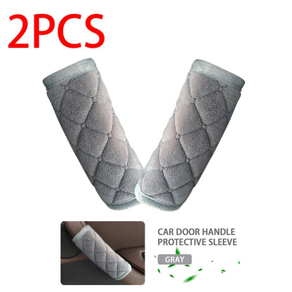 Two gray quilted plush car door handle protective sleeves 2PCS set on white background