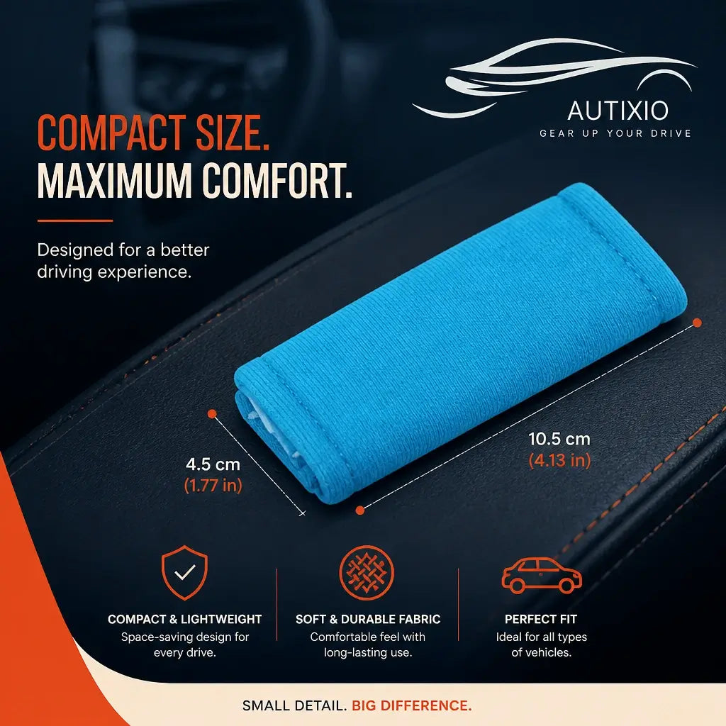Blue plush car grab handle cover laid flat showing compact dimensions 4.5cm x 10.5cm with soft durable fabric and universal fit for all vehicle types